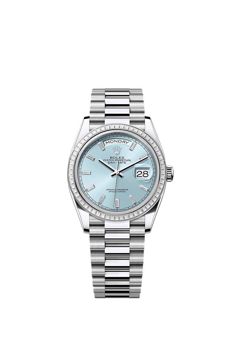 星期日历型 36, 蚝式，36毫米，钻石及铂金, 表盘 : 冰蓝色，镶钻石, Rolex