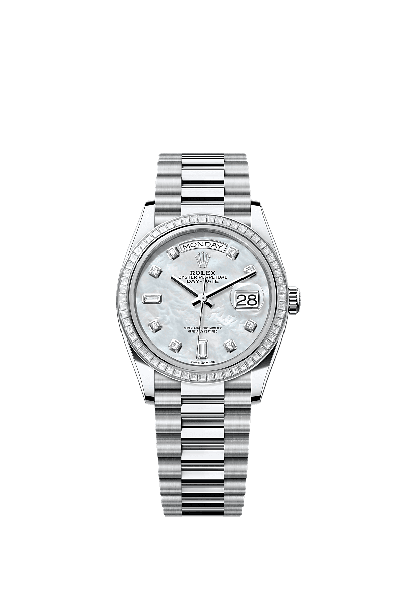 Day-Date 36, Oyster, 36 mm, platinum and diamonds, Dial : White mother-of-pearl set with diamonds, Rolex