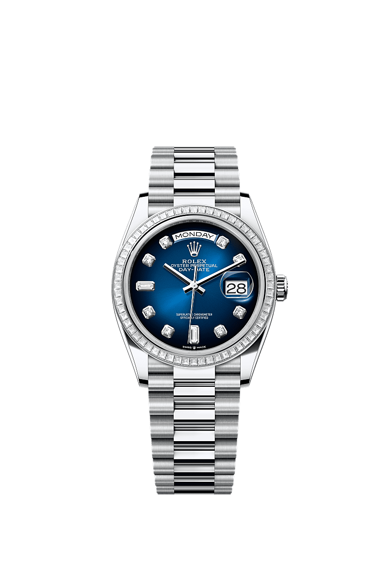 Day-Date 36, Oyster, 36 mm, platinum and diamonds, Dial : Blue ombré set with diamonds, Rolex