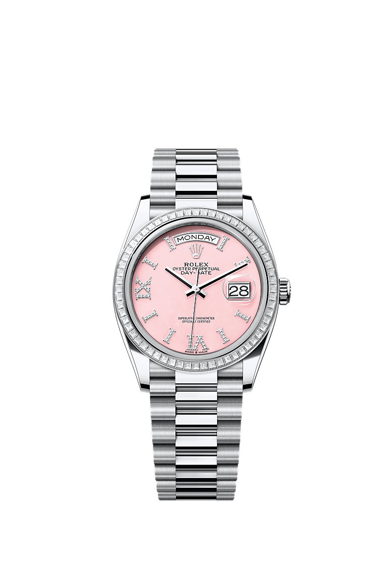 Day-Date 36, Oyster, 36 mm, platinum and diamonds, Dial : Pink opal set with diamonds, Rolex