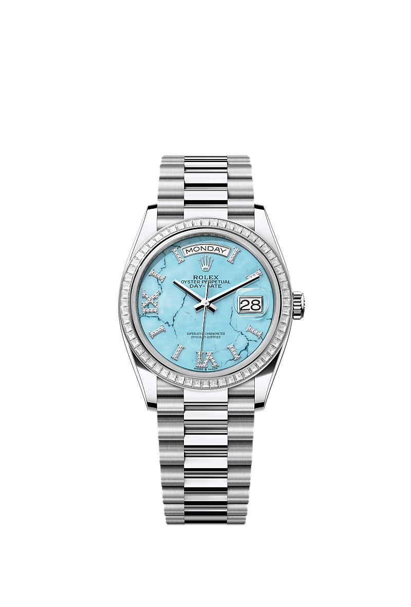 星期日历型 36, 蚝式，36毫米，钻石及铂金, 表盘 : 绿松石，镶钻石, Rolex