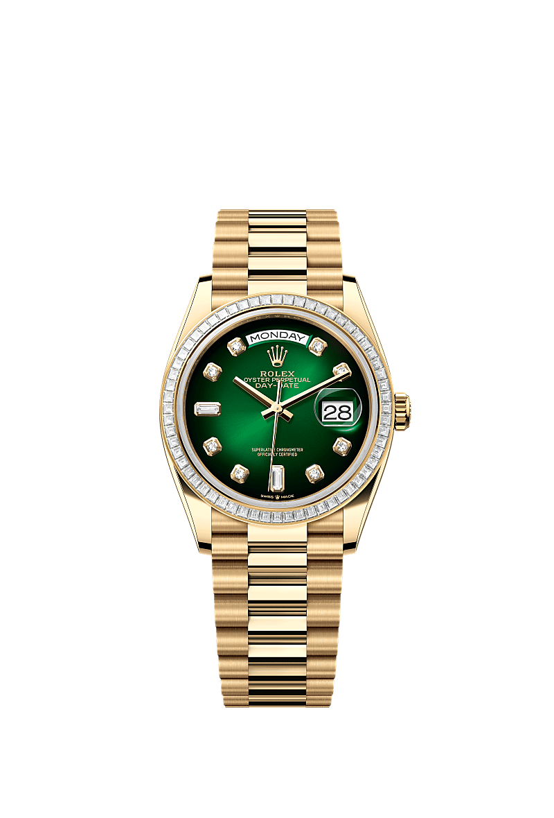 Day-Date 36, Oyster, 36 mm, yellow gold and diamonds, Dial : Green ombré set with diamonds, Rolex