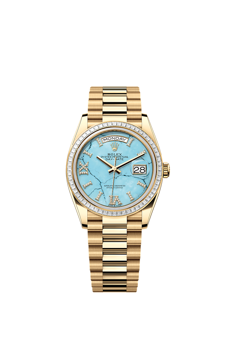Day-Date 36, Oyster, 36 mm, yellow gold and diamonds, Dial : Turquoise set with diamonds, Rolex