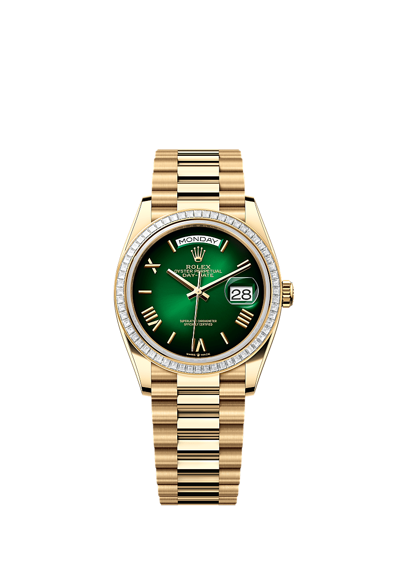 星期日历型 36, 蚝式，36毫米，钻石及黄金, 表盘 : 渐变绿色, Rolex