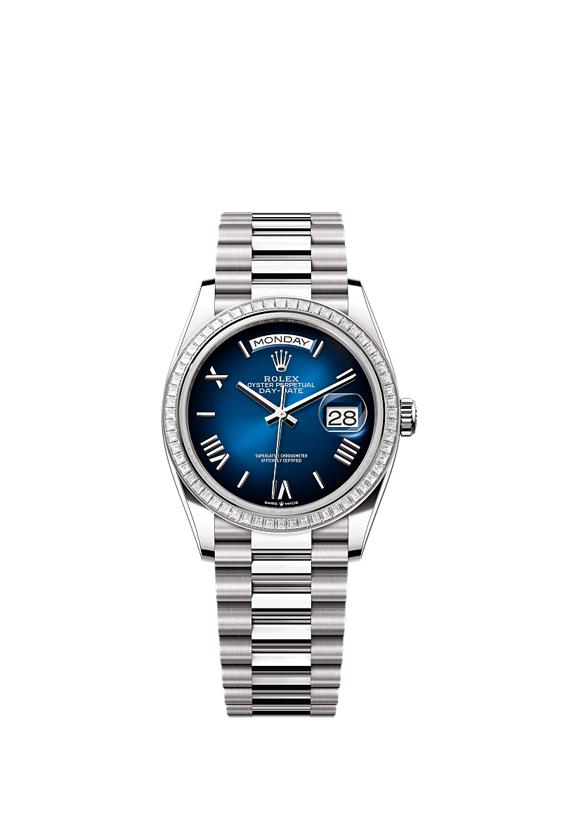 星期日历型 36, 蚝式,36毫米,钻石及白色黄金, 表盘 : 渐变蓝色, Rolex