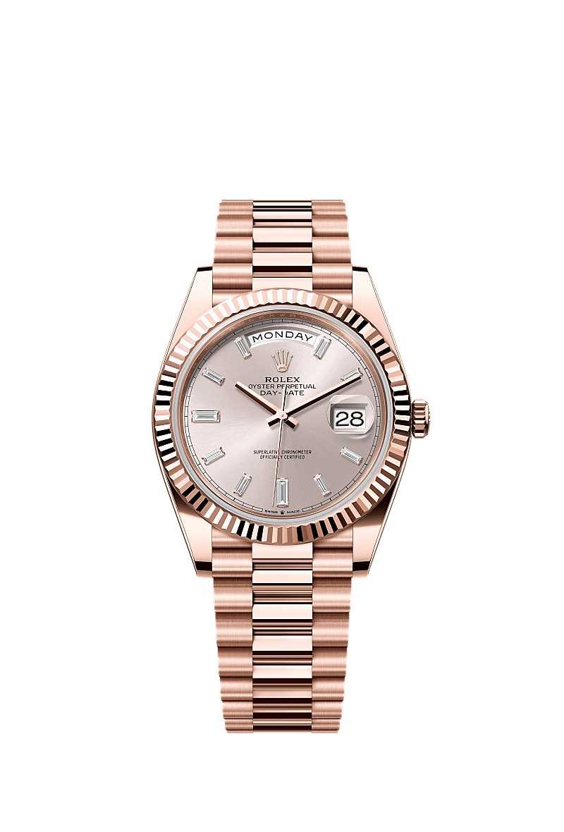 Day-Date 40, Oyster, 40 mm, Everose gold, Dial : Sundust set with diamonds, Rolex