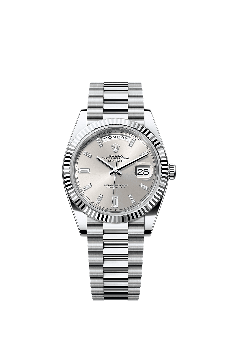 星期日历型 40, 蚝式,40毫米,铂金, 表盘 : 银色,镶钻石, Rolex