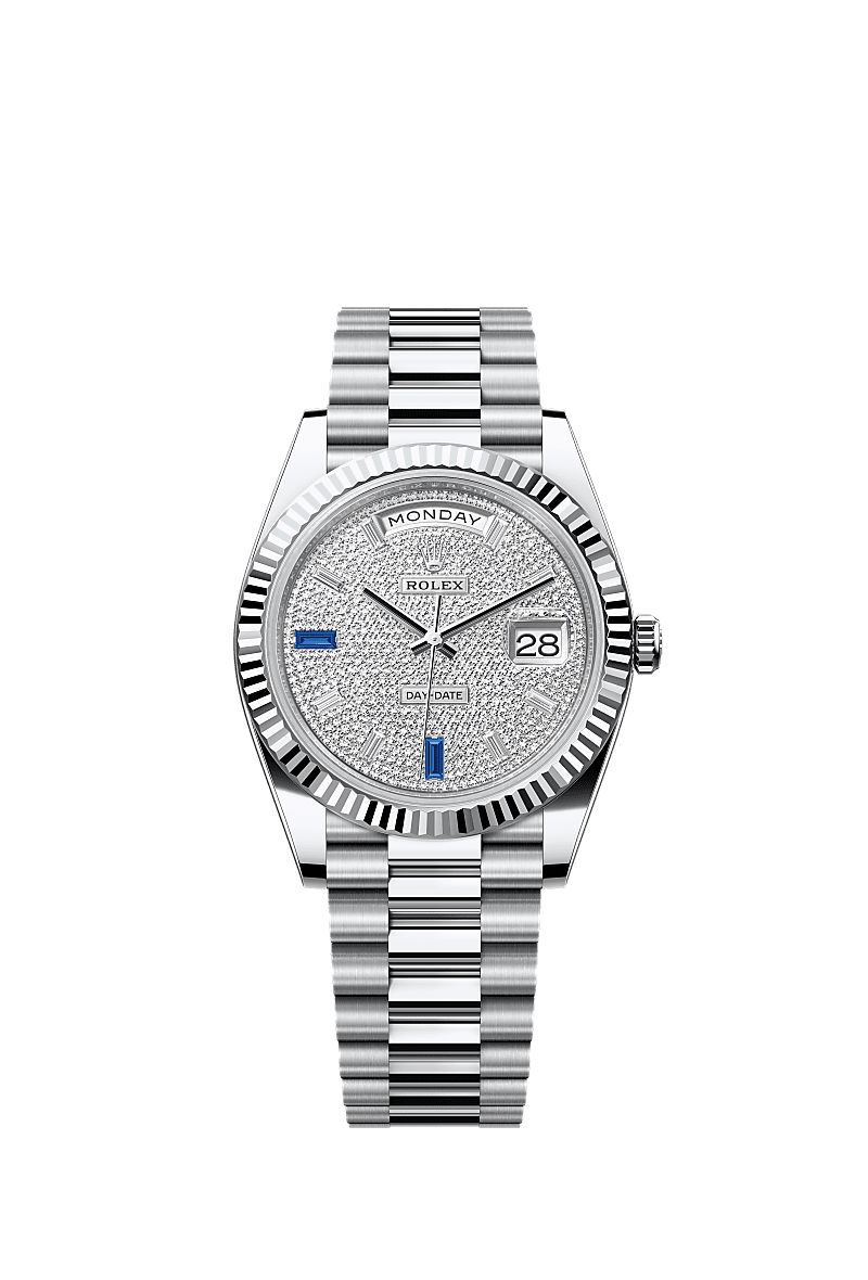 Day-Date 40, Oyster, 40 mm, platinum, Dial : Paved with diamonds and sapphires, Rolex