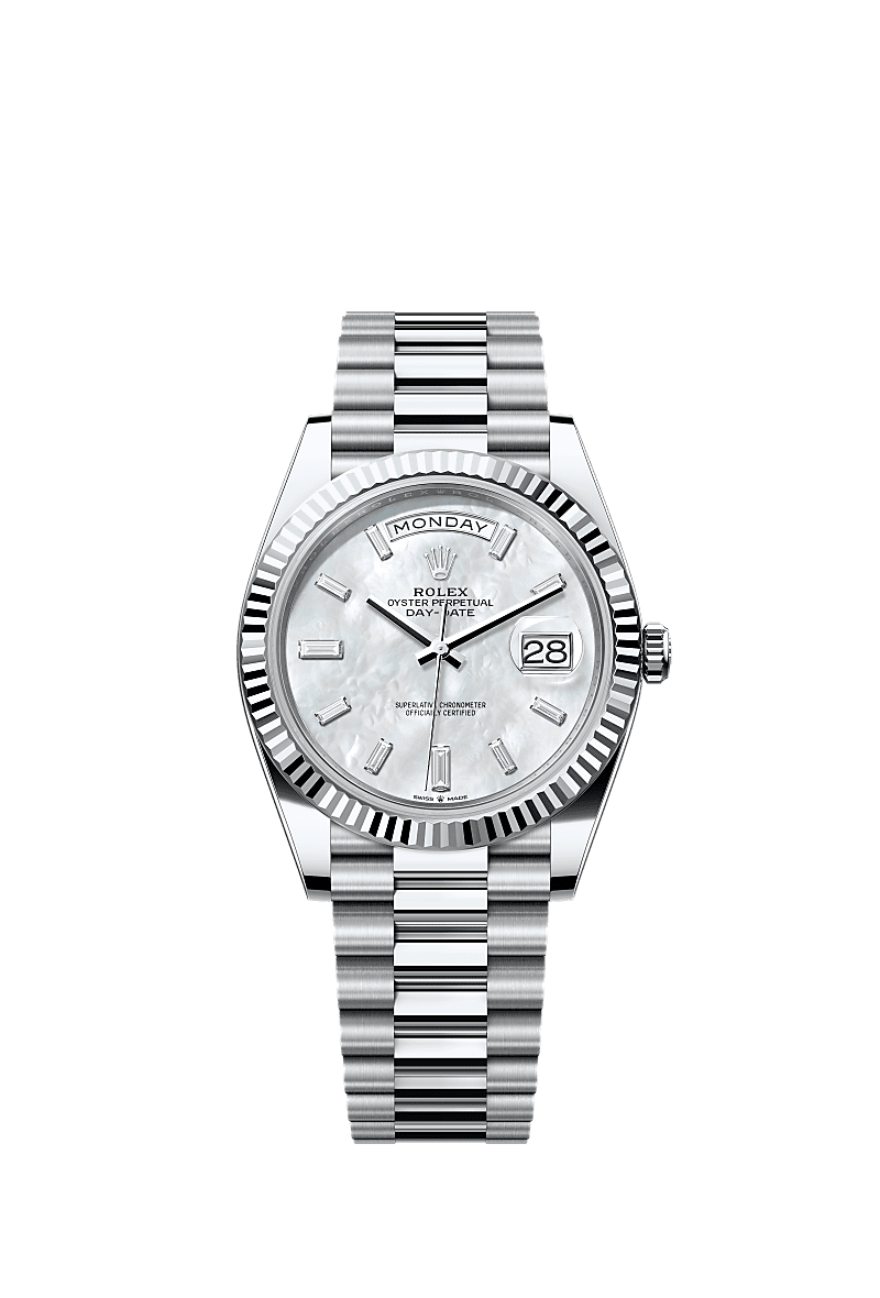 Day-Date 40, Oyster, 40 mm, platinum, Dial : White mother-of-pearl set with diamonds, Rolex
