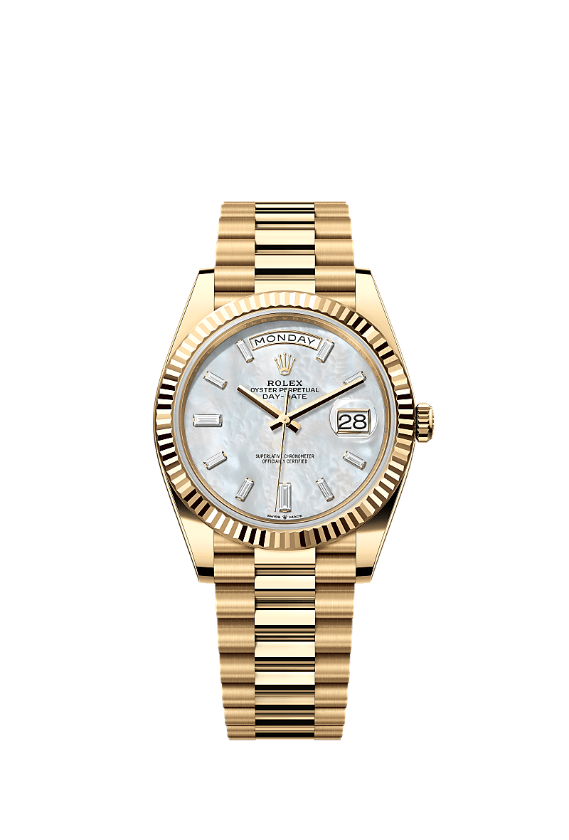Day-Date 40, Oyster, 40 mm, yellow gold, Dial : White mother-of-pearl set with diamonds, Rolex
