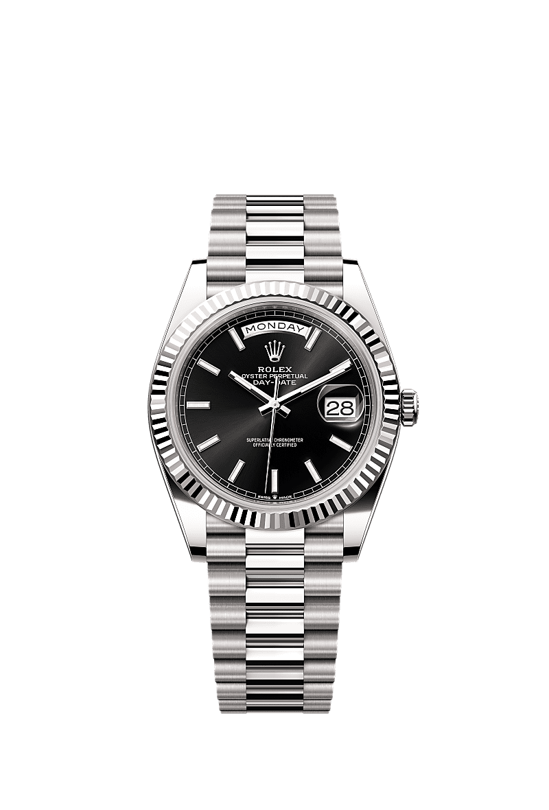 星期日历型 40, 蚝式，40毫米，白色黄金, 表盘 : 亮黑色, Rolex