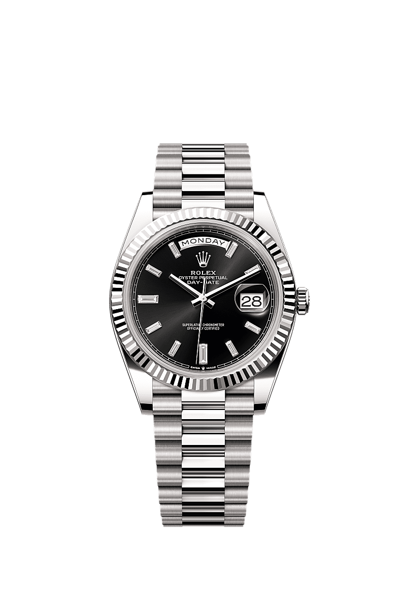 Day-Date 40, Oyster, 40 mm, white gold, Dial : Bright black set with diamonds, Rolex