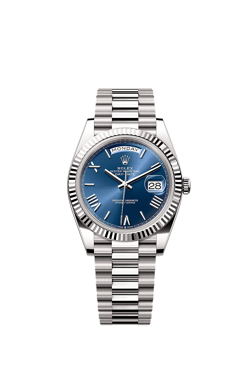 星期日历型 40, 蚝式，40毫米，白色黄金, 表盘 : 亮蓝色, Rolex