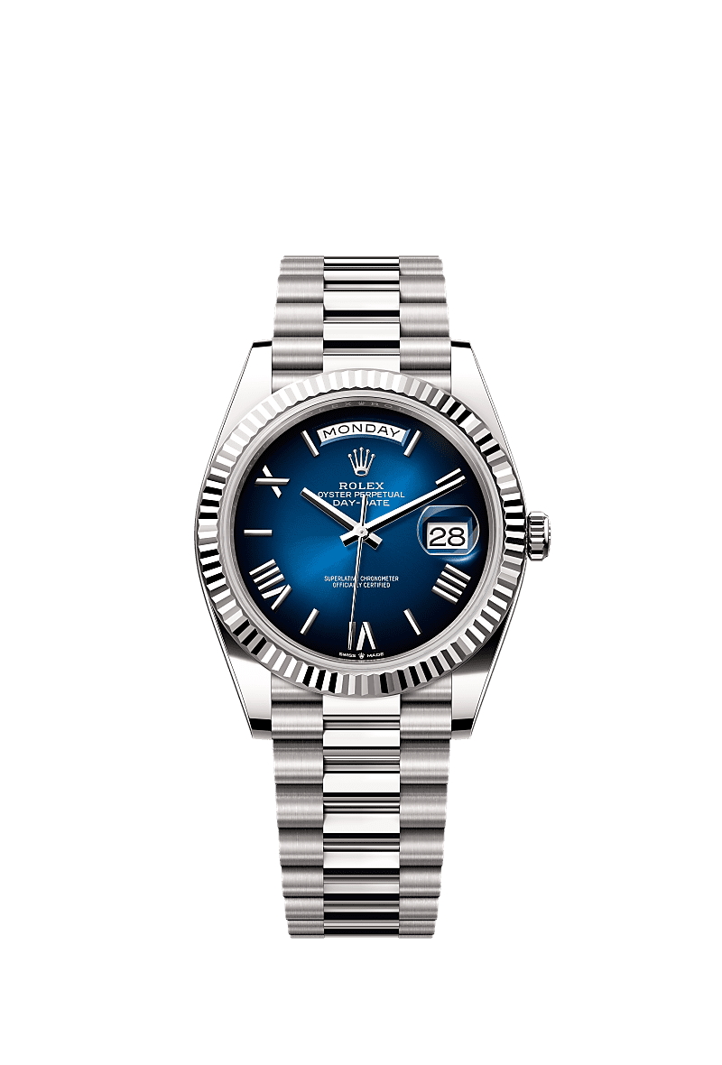 星期日历型 40, 蚝式，40毫米，白色黄金, 表盘 : 渐变蓝色, Rolex
