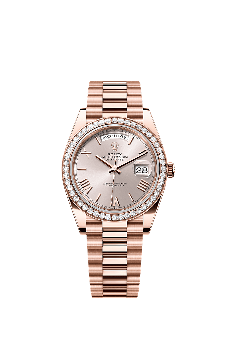 Day-Date 40, Oyster, 40 mm, Everose gold and diamonds, Dial : Sundust, Rolex