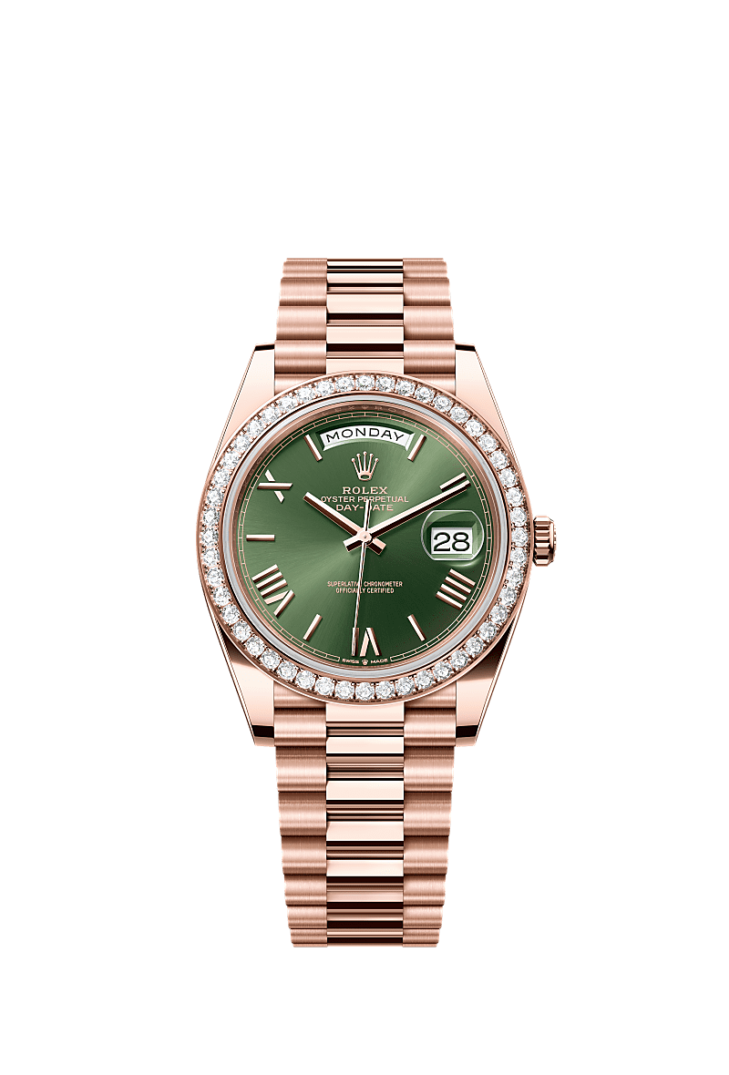 星期日历型 40, 蚝式,40毫米,钻石及永恒玫瑰金, 表盘 : 橄榄绿色, Rolex