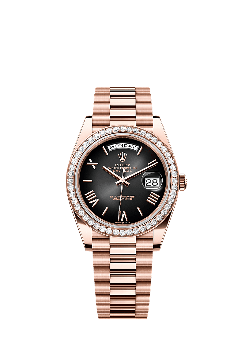 星期日历型 40, 蚝式，40毫米，钻石及永恒玫瑰金, 表盘 : 渐变石板灰色, Rolex