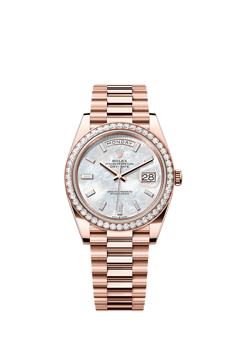 Day-Date 40, Oyster, 40 mm, Everose gold and diamonds, Dial : White mother-of-pearl set with diamonds, Rolex