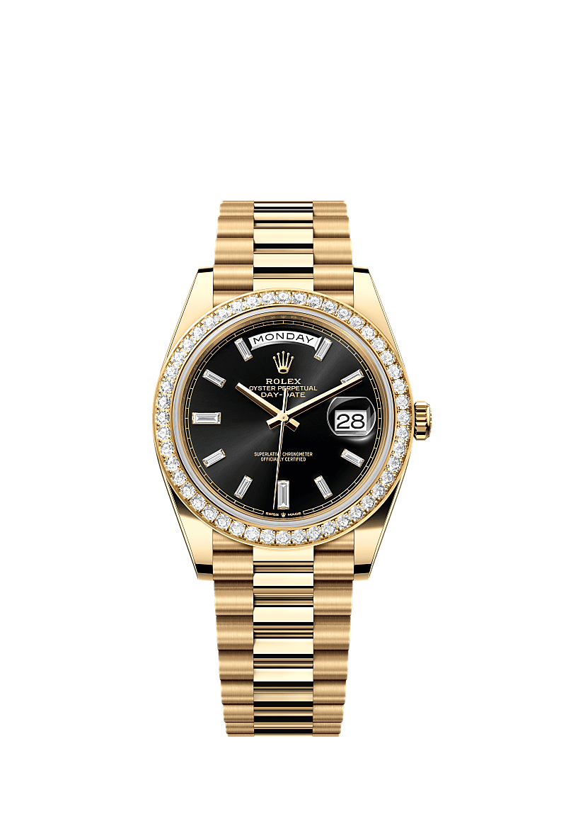 Day-Date 40, Oyster, 40 mm, yellow gold and diamonds, Dial : Bright black set with diamonds, Rolex