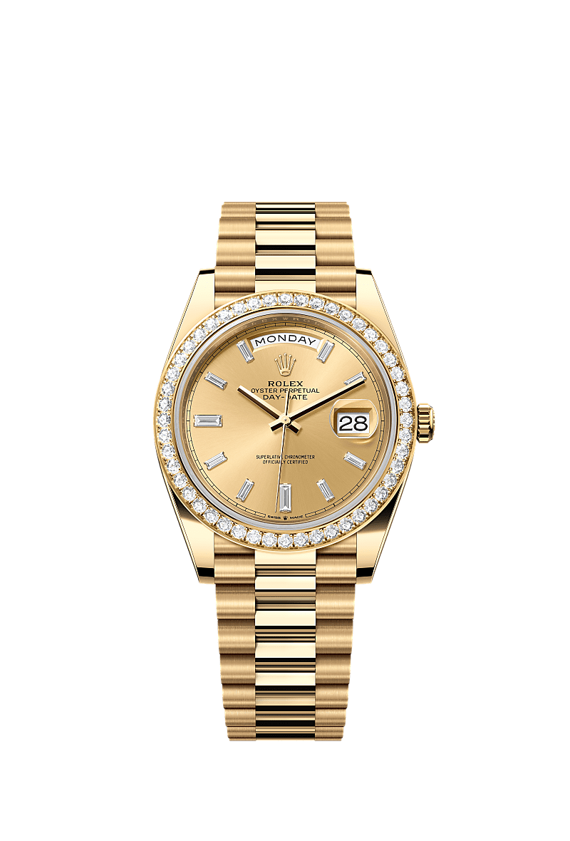 星期日历型 40, 蚝式，40毫米，钻石及黄金, 表盘 : 香槟色，镶钻石, Rolex