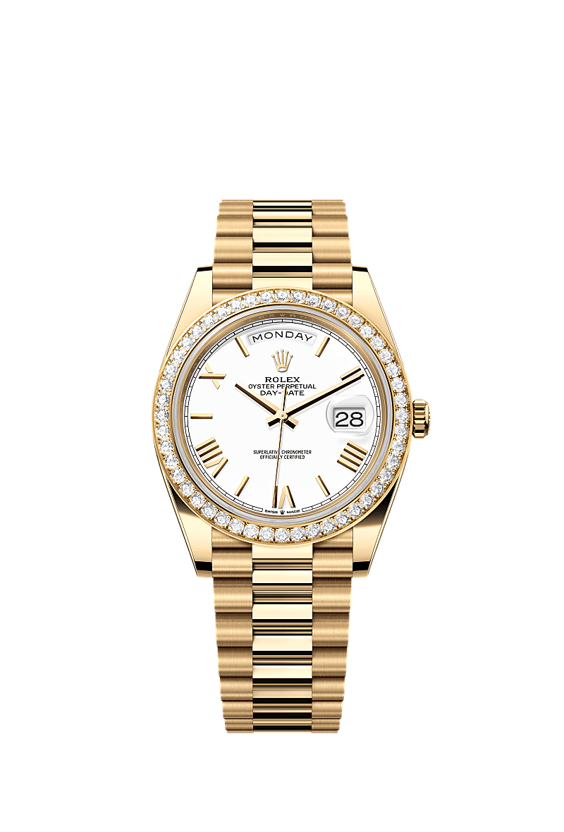 星期日历型 40, 蚝式，40毫米，钻石及黄金, 表盘 : 白色, Rolex