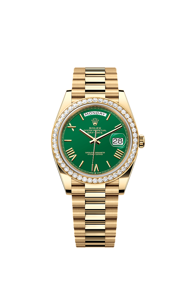 星期日历型 40, 蚝式，40毫米，钻石及黄金, 表盘 : 绿色, Rolex
