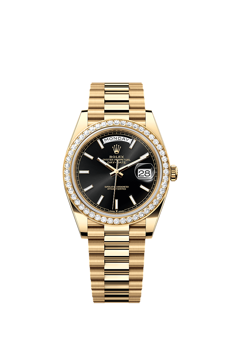 Day-Date 40, Oyster, 40 mm, yellow gold and diamonds, Dial : Bright black, Rolex