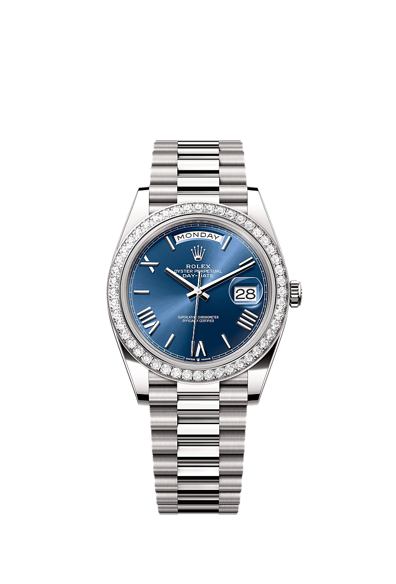 星期日历型 40, 蚝式,40毫米,钻石及白色黄金, 表盘 : 亮蓝色, Rolex