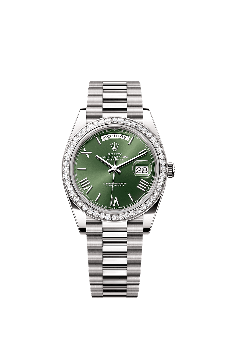 星期日历型 40, 蚝式，40毫米，钻石及白色黄金, 表盘 : 橄榄绿色, Rolex