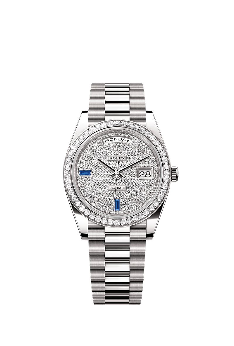 Day-Date 40, Oyster, 40 mm, white gold and diamonds, Dial : Paved with diamonds and sapphires, Rolex