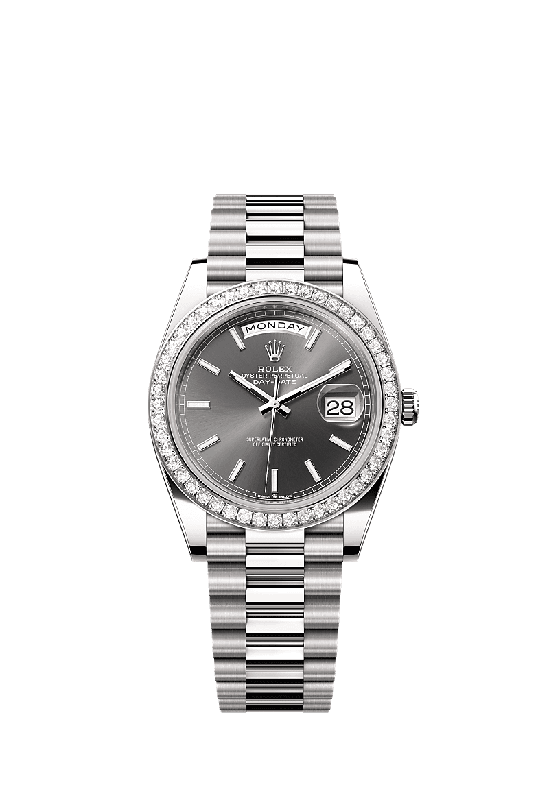 星期日历型 40, 蚝式,40毫米,钻石及白色黄金, 表盘 : 石板灰色, Rolex