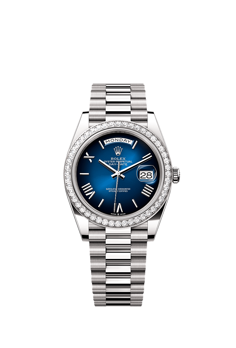 星期日历型 40, 蚝式，40毫米，钻石及白色黄金, 表盘 : 渐变蓝色, Rolex