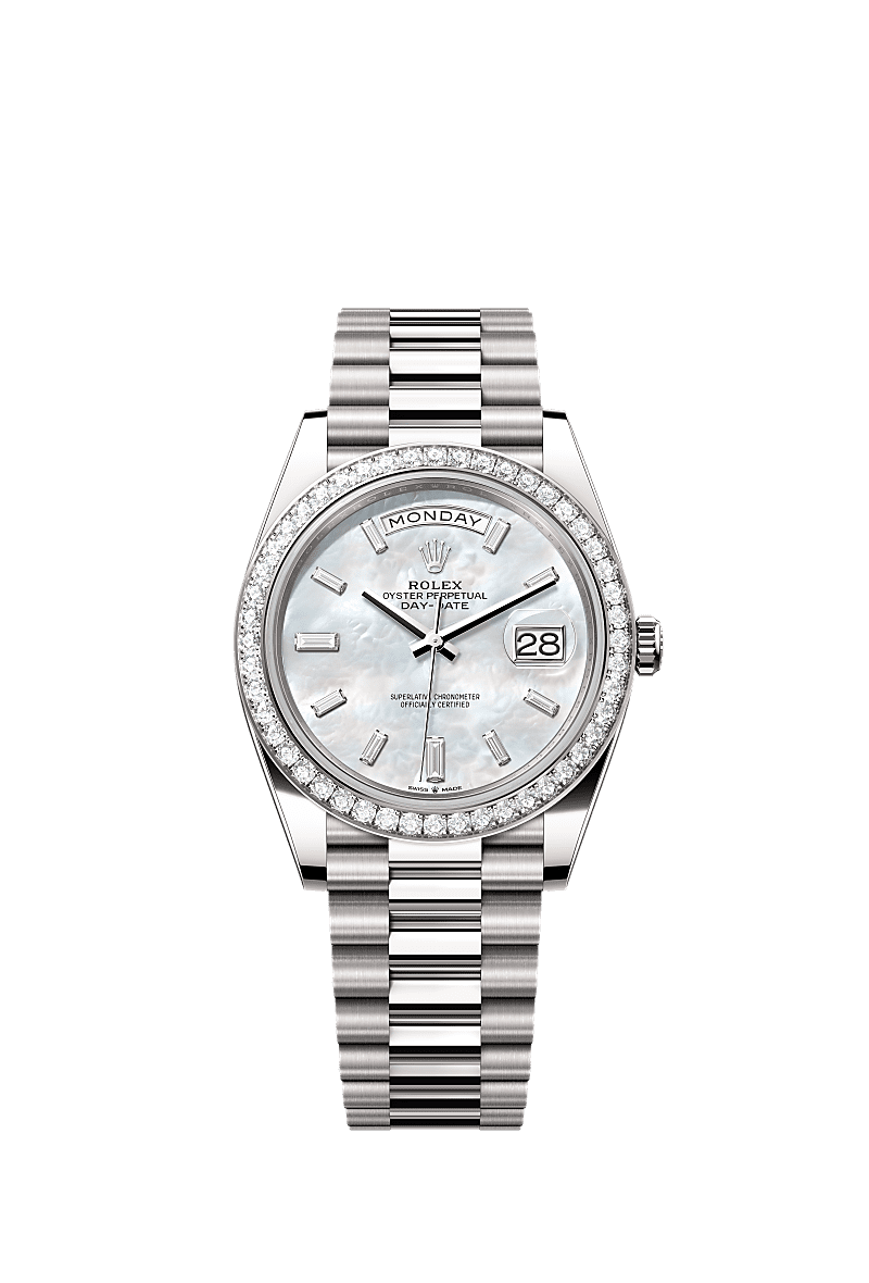Day-Date 40, Oyster, 40 mm, white gold and diamonds, Dial : White mother-of-pearl set with diamonds, Rolex
