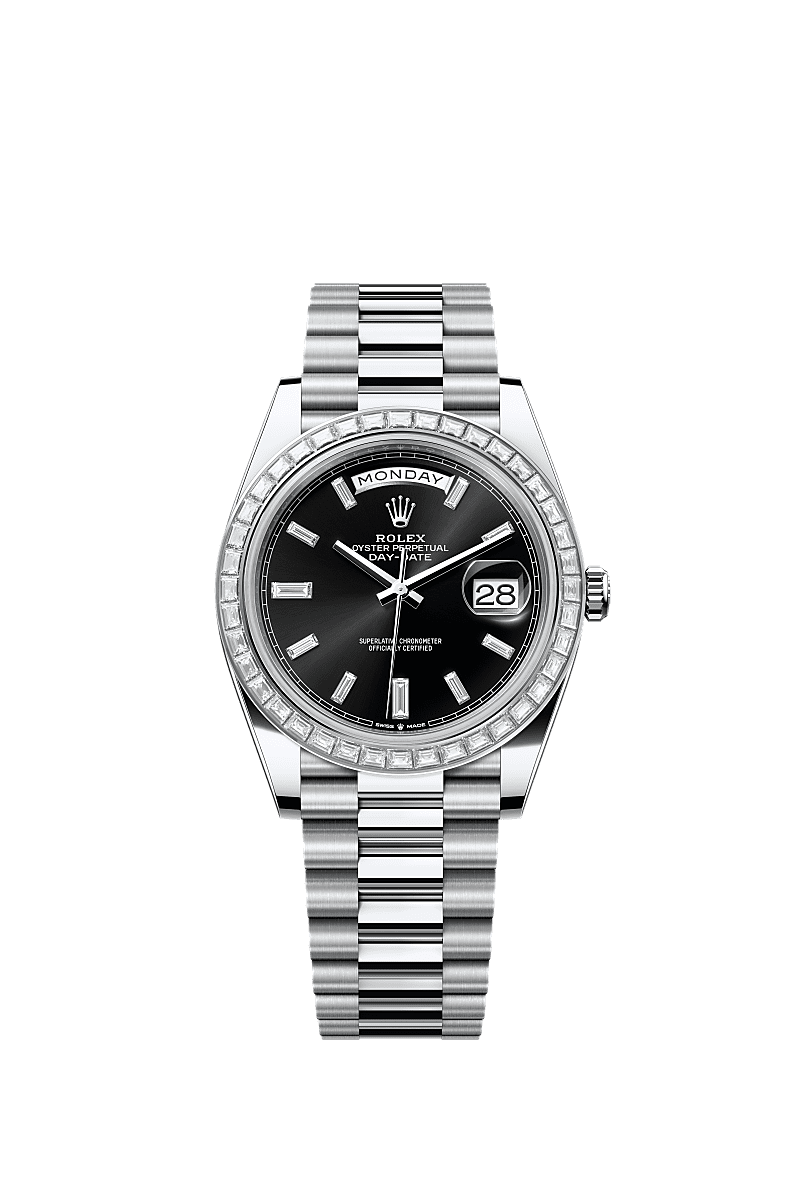 星期日历型 40, 蚝式，40毫米，钻石及铂金, 表盘 : 亮黑色，镶钻石, Rolex