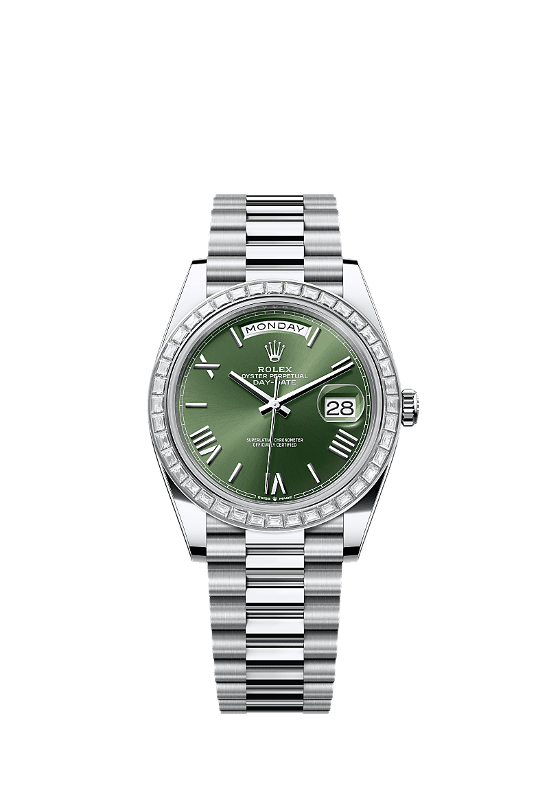 Day-Date 40, Oyster, 40 mm, platinum and diamonds, Dial : Olive green, Rolex