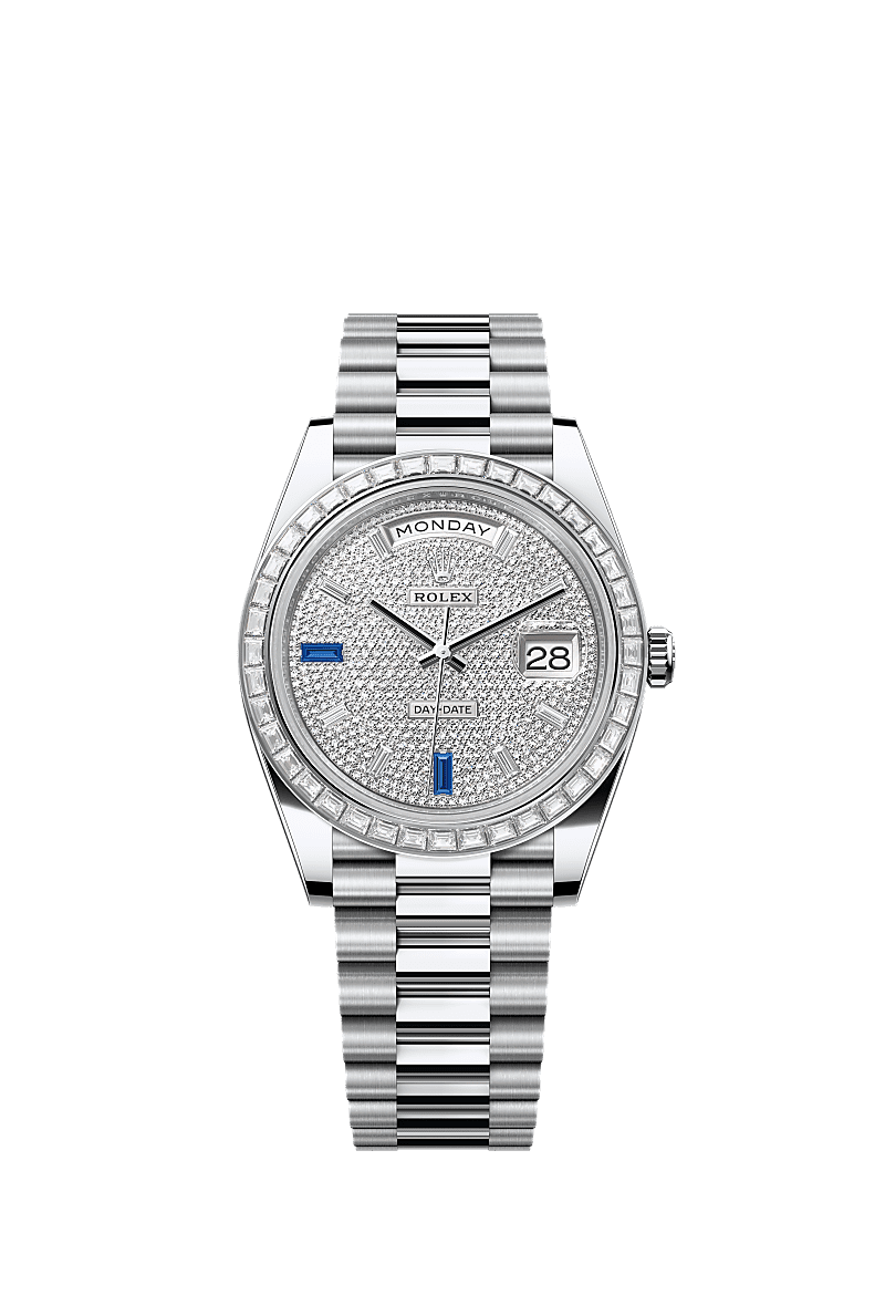 星期日历型 40, 蚝式，40毫米，钻石及铂金, 表盘 : 密镶钻石及蓝宝石, Rolex