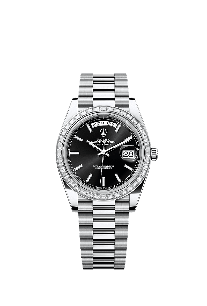 Day-Date 40, Oyster, 40 mm, platinum and diamonds, Dial : Bright black, Rolex