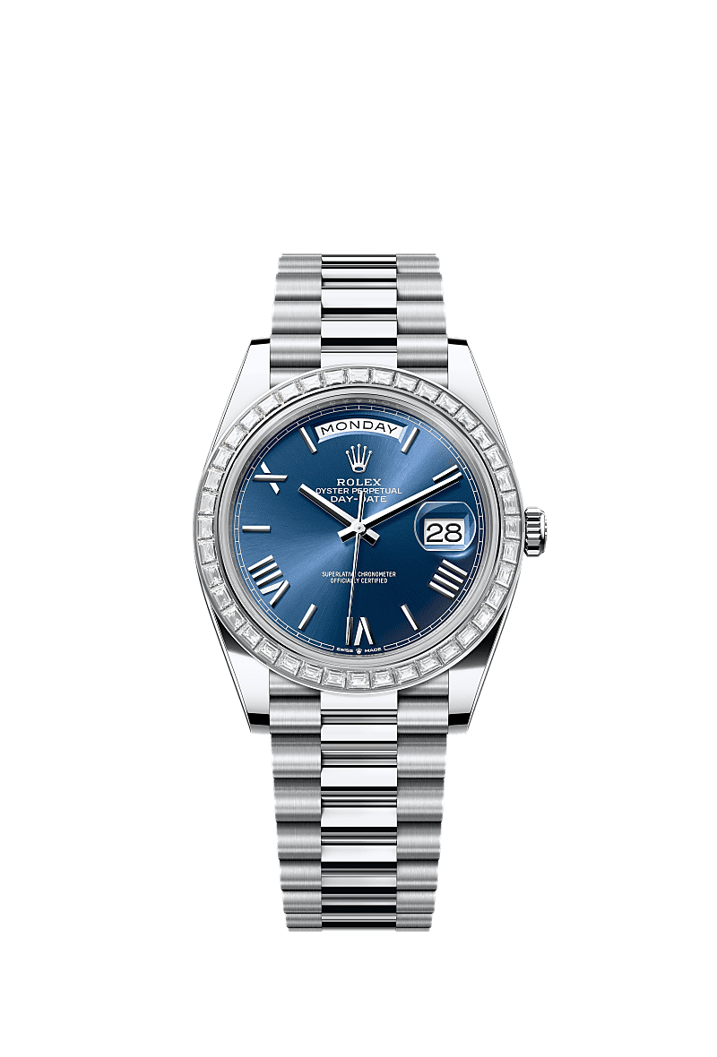 Day-Date 40, Oyster, 40 mm, platinum and diamonds, Dial : Bright blue, Rolex