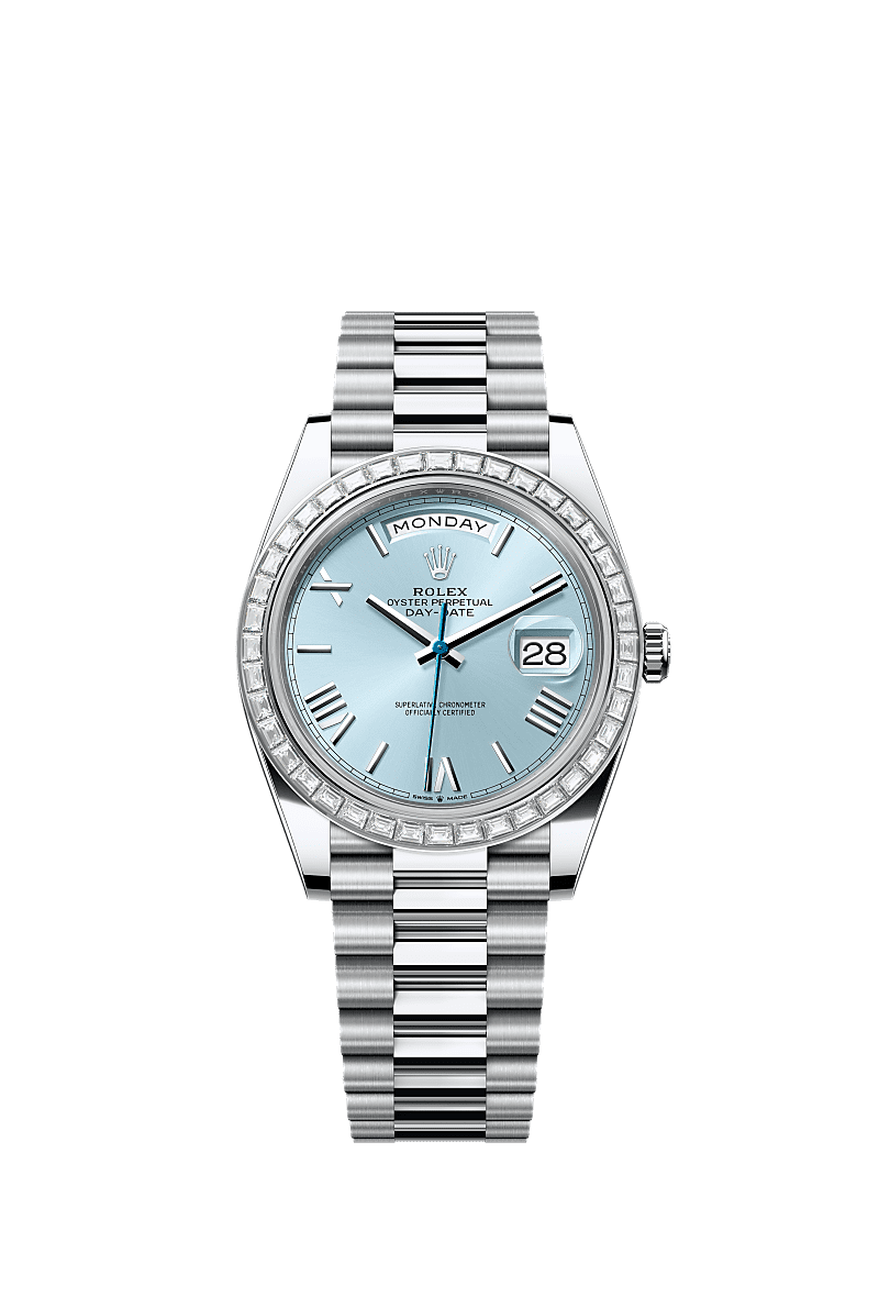 星期日历型 40, 蚝式，40毫米，钻石及铂金, 表盘 : 冰蓝色, Rolex
