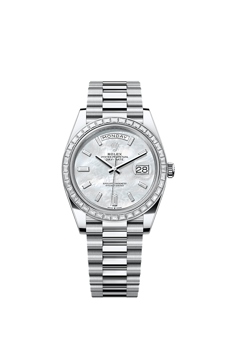 Day-Date 40, Oyster, 40 mm, platinum and diamonds, Dial : White mother-of-pearl set with diamonds, Rolex