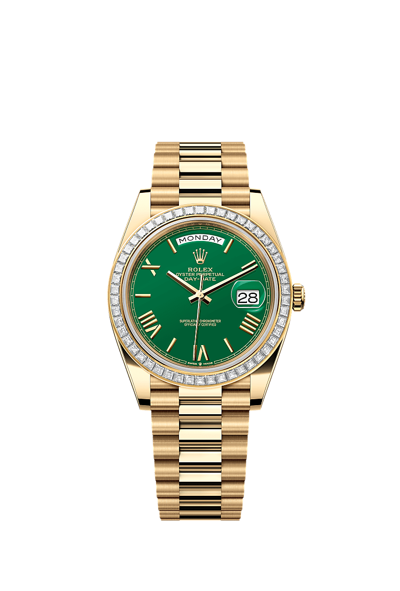 Day-Date 40, Oyster, 40 mm, yellow gold and diamonds, Dial : Green, Rolex
