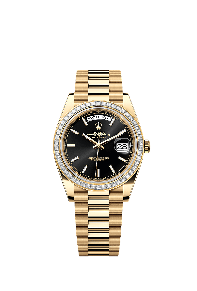星期日历型 40, 蚝式，40毫米，钻石及黄金, 表盘 : 亮黑色, Rolex