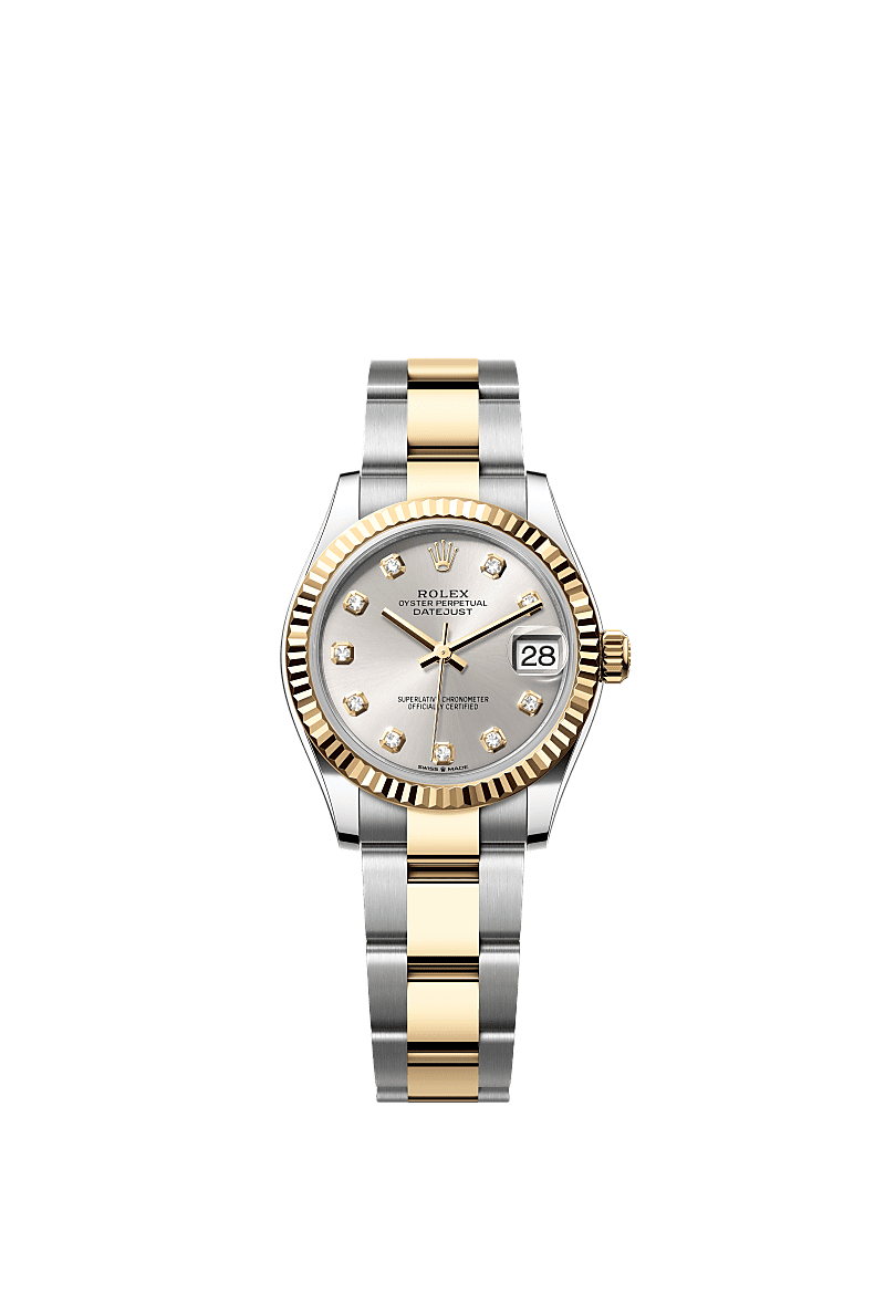 日志型 31, 蚝式，31毫米，黄金及蚝式钢, 表盘 : 银色，镶钻石, Rolex