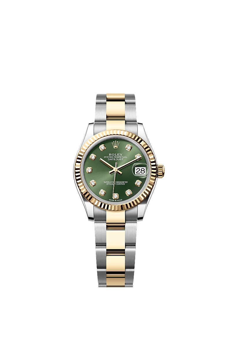 日志型 31, 蚝式，31毫米，黄金及蚝式钢, 表盘 : 橄榄绿色，镶钻石, Rolex