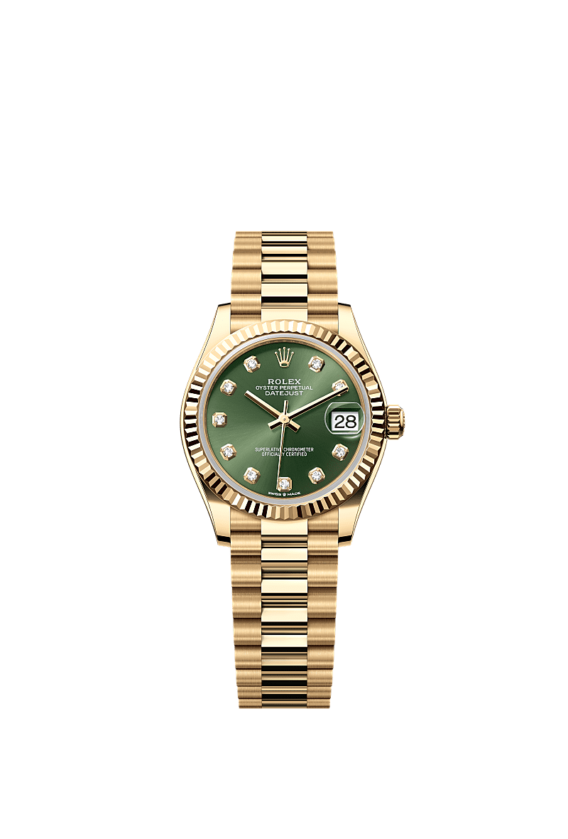 Datejust 31, Oyster, 31 mm, yellow gold, Dial : Olive green set with diamonds, Rolex