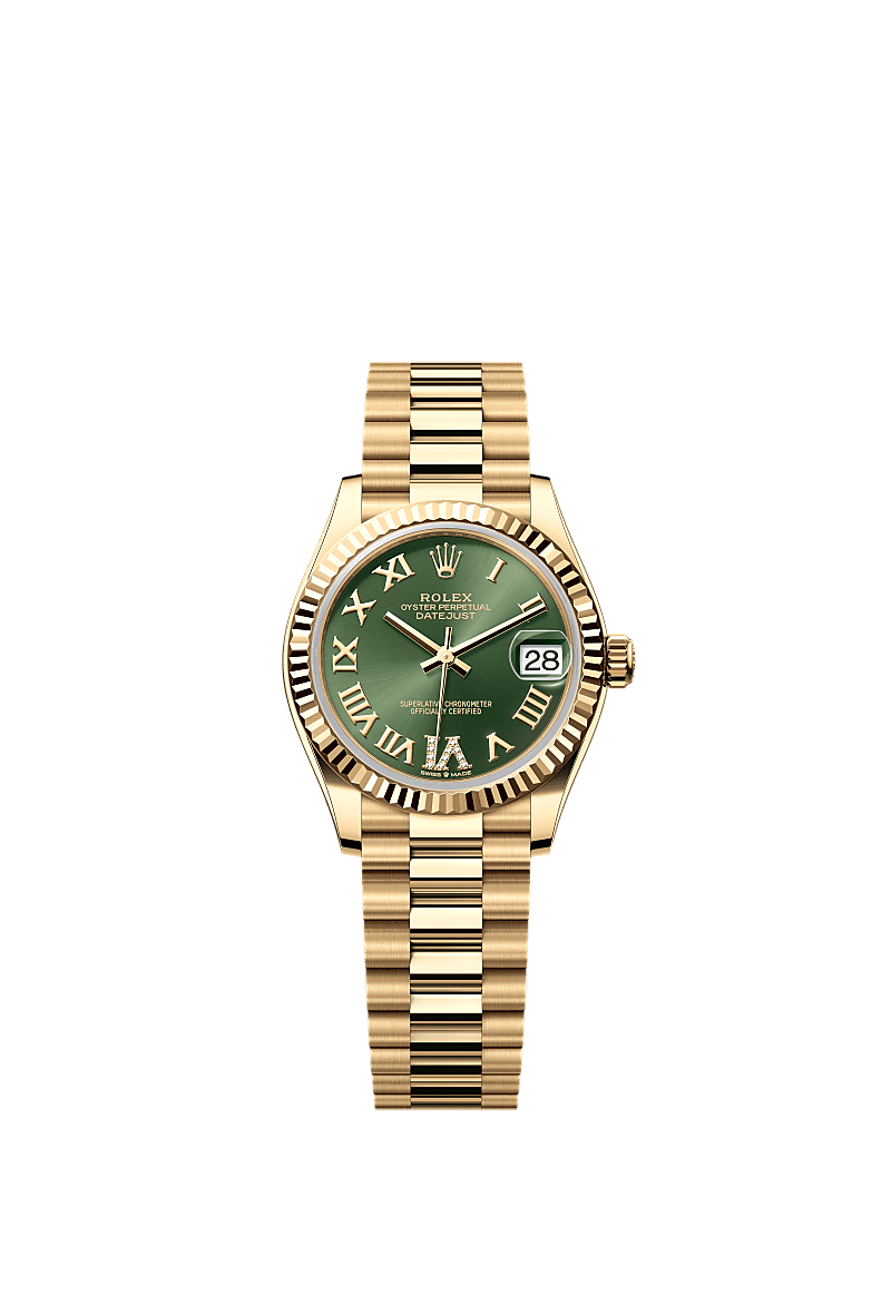 日志型 31, 蚝式,31毫米,黄金, 表盘 : 橄榄绿色,镶钻石, Rolex