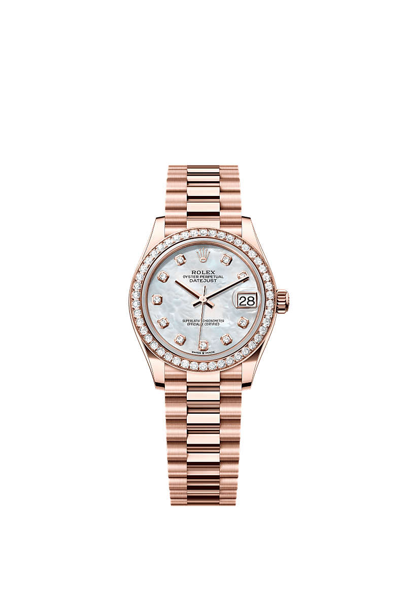 Datejust 31, Oyster, 31 mm, Everose gold and diamonds, Dial : White mother-of-pearl set with diamonds, Rolex