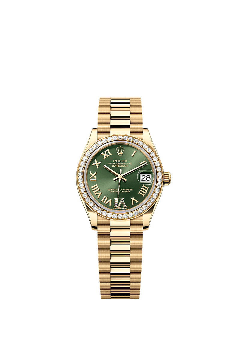 Datejust 31, Oyster, 31 mm, yellow gold and diamonds, Dial : Olive green set with diamonds, Rolex