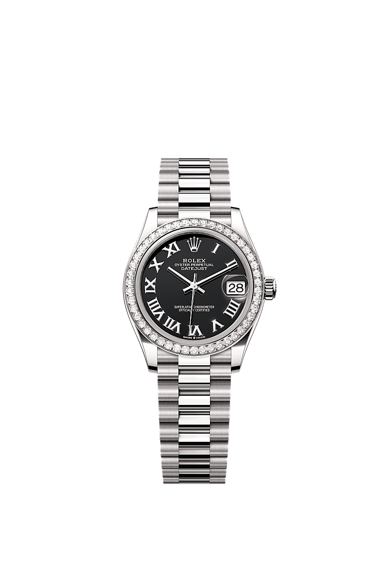 日志型 31, 蚝式,31毫米,钻石及白色黄金, 表盘 : 亮黑色, Rolex
