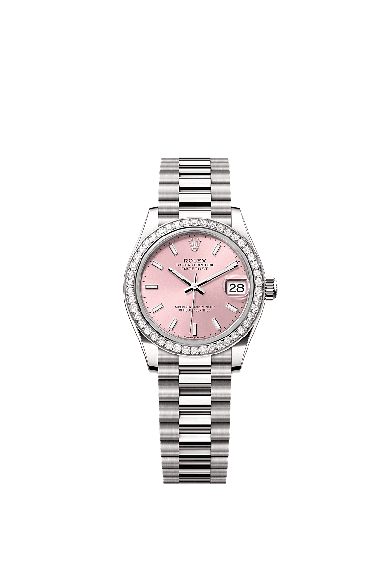 Datejust 31, Oyster, 31 mm, white gold and diamonds, Dial : Pink, Rolex